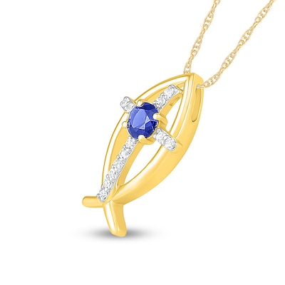 4.0mm Blue and White Lab-Created Sapphire Cross Ichthus Pendant in Sterling Silver with 14K Gold Plate