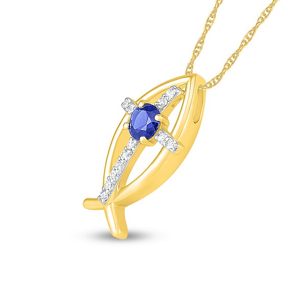 4.0mm Blue and White Lab-Created Sapphire Cross Ichthus Pendant in Sterling Silver with 14K Gold Plate