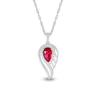 Pear-Shaped Lab-Created Ruby and White Lab-Created Sapphire Angel Wing Pendant in Sterling Silver