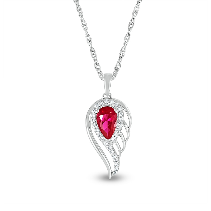 Pear-Shaped Lab-Created Ruby and White Lab-Created Sapphire Angel Wing Pendant in Sterling Silver
