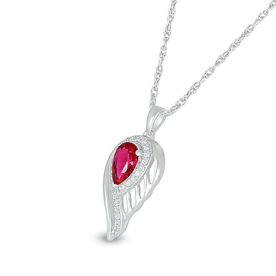 Pear-Shaped Lab-Created Ruby and White Lab-Created Sapphire Angel Wing Pendant in Sterling Silver