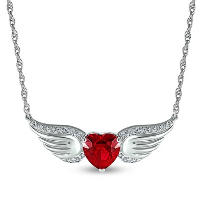 7.0mm Heart-Shaped Lab-Created Ruby and White Lab-Created Sapphire Angel Wings Necklace in Sterling Silver