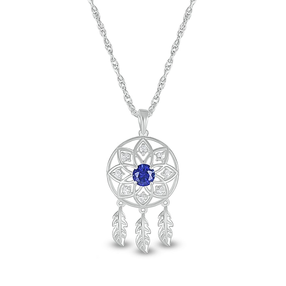 5.0mm Blue and White Lab-Created Sapphire Mandala Dream Catcher Pendant in Sterling Silver