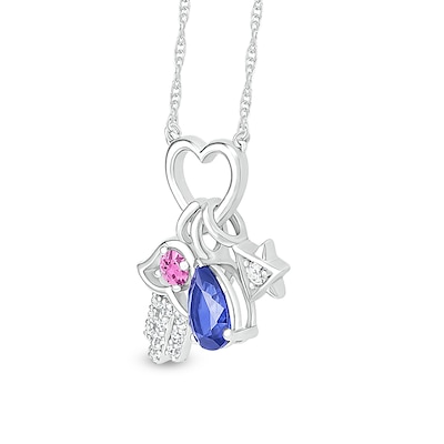 Pear-Shaped Blue, Pink, and White Lab-Created Sapphire Hamsa and Star of David Charms Heart Necklace in Sterling Silver