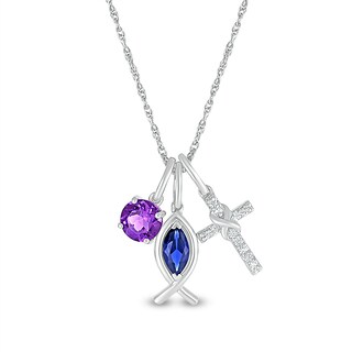 Amethyst with Marquise Blue and White Lab-Created Sapphire Ichthus and Cross Charms Pendant in Sterling Silver