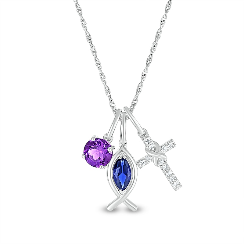 Amethyst with Marquise Blue and White Lab-Created Sapphire Ichthus and Cross Charms Pendant in Sterling Silver|Peoples Jewellers