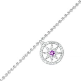 Amethyst and White Lab-Created Sapphire Eight-Point Star in Circle Dangle Anklet in Sterling Silver – 10&quot;