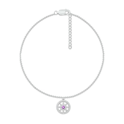 Amethyst and White Lab-Created Sapphire Eight-Point Star in Circle Dangle Anklet in Sterling Silver – 10"