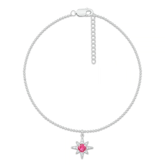 4.0mm Lab-Created Ruby and White Lab-Created Sapphire Eight- Point Star Dangle Anklet in Sterling Silver – 10"