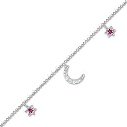 Lab-Created Ruby and White Lab-Created Sapphire Star and Crescent Moon Dangle Anklet in Sterling Silver – 10&quot;