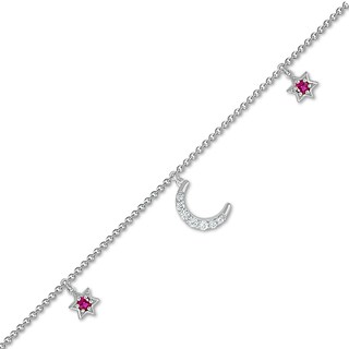 Lab-Created Ruby and White Lab-Created Sapphire Star and Crescent Moon Dangle Anklet in Sterling Silver – 10"