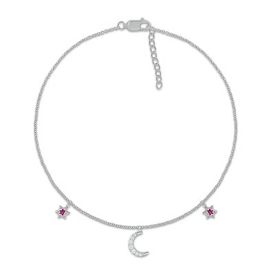 Lab-Created Ruby and White Lab-Created Sapphire Star and Crescent Moon Dangle Anklet in Sterling Silver – 10"