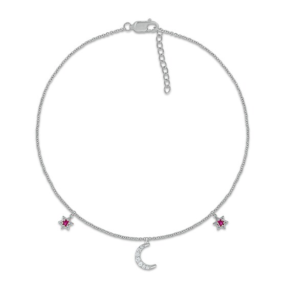 Lab-Created Ruby and White Lab-Created Sapphire Star and Crescent Moon Dangle Anklet in Sterling Silver – 10"