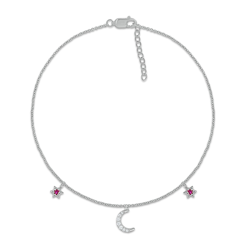 Lab-Created Ruby and White Lab-Created Sapphire Star and Crescent Moon Dangle Anklet in Sterling Silver – 10"|Peoples Jewellers