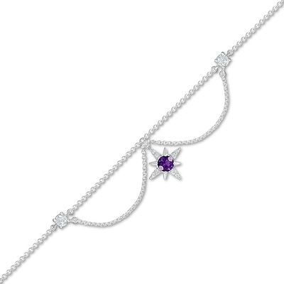 4.0mm Amethyst and White Lab-Created Sapphire Eight-Point Star Dangle Chandelier Anklet in Sterling Silver – 10"