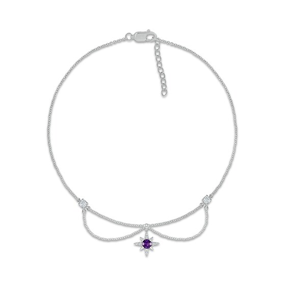 4.0mm Amethyst and White Lab-Created Sapphire Eight-Point Star Dangle Chandelier Anklet in Sterling Silver – 10"