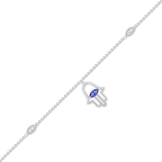 Sideways Marquise Blue and White Lab-Created Sapphire Hamsa Dangle Anklet in Sterling Silver - 10"