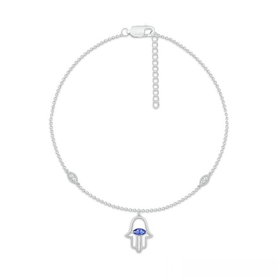 Sideways Marquise Blue and White Lab-Created Sapphire Hamsa Dangle Anklet in Sterling Silver - 10"