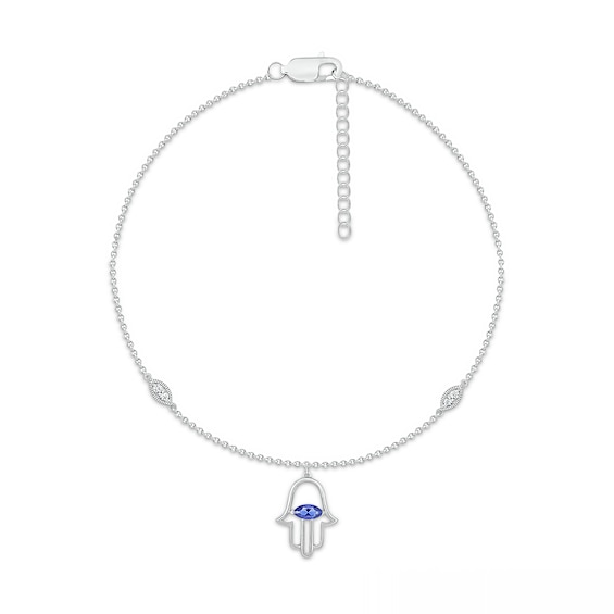 Sideways Marquise Blue and White Lab-Created Sapphire Hamsa Dangle Anklet in Sterling Silver - 10"