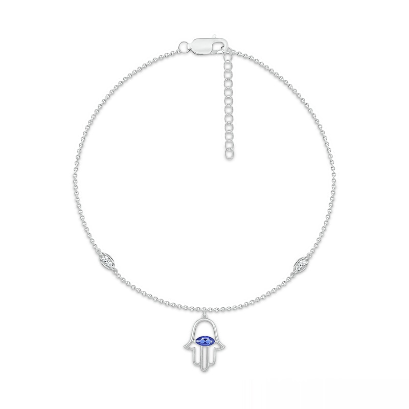 Sideways Marquise Blue and White Lab-Created Sapphire Hamsa Dangle Anklet in Sterling Silver - 10"|Peoples Jewellers