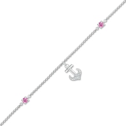 3.0mm Pink and White Lab-Created Sapphire Anchor Dangle Anklet in Sterling Silver - 10&quot;