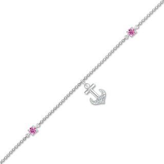 3.0mm Pink and White Lab-Created Sapphire Anchor Dangle Anklet in Sterling Silver - 10"