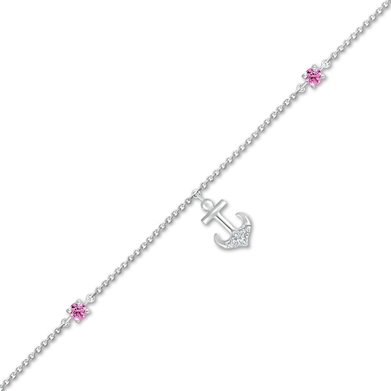 3.0mm Pink and White Lab-Created Sapphire Anchor Dangle Anklet in Sterling Silver - 10"