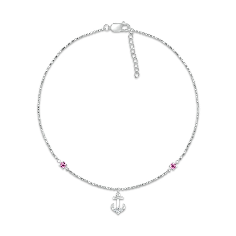 3.0mm Pink and White Lab-Created Sapphire Anchor Dangle Anklet in Sterling Silver - 10"|Peoples Jewellers