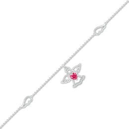 Heart-Shaped Lab-Created Ruby and White Lab-Created Sapphire Wings and Angel Dangle Anklet in Sterling Silver - 10&quot;