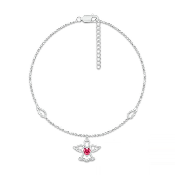 Heart-Shaped Lab-Created Ruby and White Lab-Created Sapphire Wings and Angel Dangle Anklet in Sterling Silver - 10"