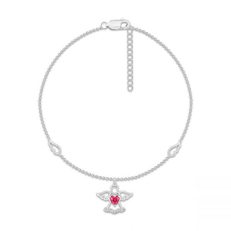 Heart-Shaped Lab-Created Ruby and White Lab-Created Sapphire Wings and Angel Dangle Anklet in Sterling Silver - 10"|Peoples Jewellers