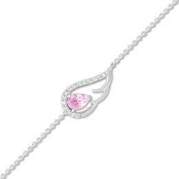 Pear-Shaped Pink and White Lab-Created Sapphire Sideways Angel Wing Anklet in Sterling Silver - 10&quot;