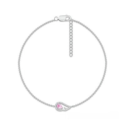 Pear-Shaped Pink and White Lab-Created Sapphire Sideways Angel Wing Anklet in Sterling Silver - 10"