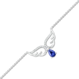 Pear-Shaped Blue and White Lab-Created Sapphire Drop Angel Wings Anklet in Sterling Silver - 10&quot;