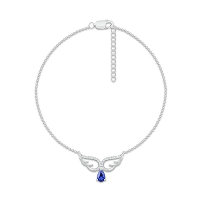 Pear-Shaped Blue and White Lab-Created Sapphire Drop Angel Wings Anklet in Sterling Silver - 10"