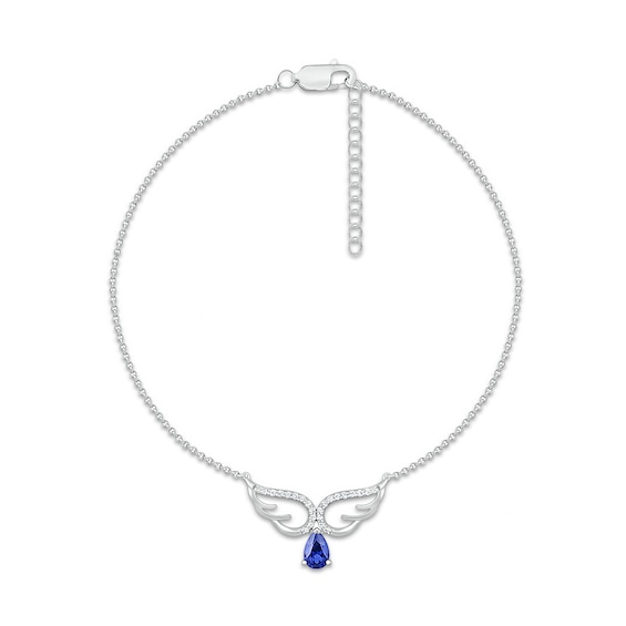 Pear-Shaped Blue and White Lab-Created Sapphire Drop Angel Wings Anklet in Sterling Silver - 10"