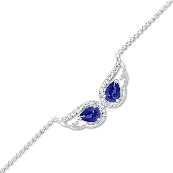 Pear-Shaped Blue and White Lab-Created Sapphire Duo Angel Wings Anklet in Sterling Silver – 10"