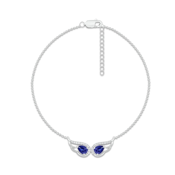 Pear-Shaped Blue and White Lab-Created Sapphire Duo Angel Wings Anklet in Sterling Silver – 10"