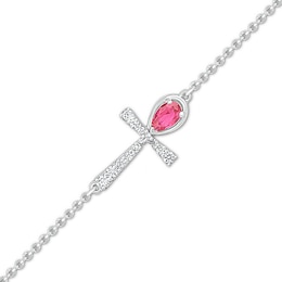 Pear-Shaped Lab-Created Ruby and White Lab-Created Sapphire Sideways Ankh Anklet in Sterling Silver – 10&quot;