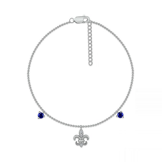 4.0mm Blue and White Lab-Created Sapphire Fleur-de-Lis Dangle Anklet in Sterling Silver – 10"