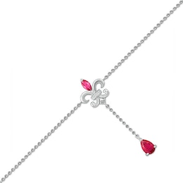 Pear-Shaped and Marquise Lab-Created Ruby and White Lab-Created Sapphire Fleur-de-Lis Drop Anklet in Sterling Silver