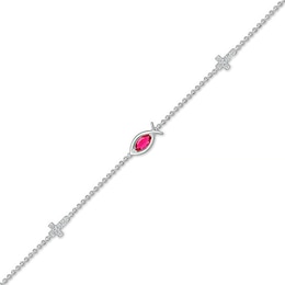 Marquise Lab-Created Ruby and White Lab-Created Sapphire Sideways Ichthus and Cross Anklet in Sterling Silver – 10&quot;