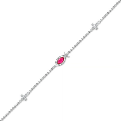 Marquise Lab-Created Ruby and White Lab-Created Sapphire Sideways Ichthus and Cross Anklet in Sterling Silver – 10"