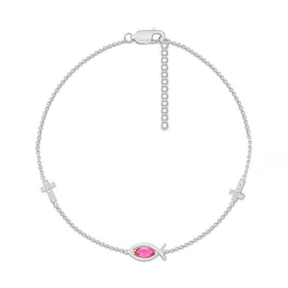 Marquise Lab-Created Ruby and White Lab-Created Sapphire Sideways Ichthus and Cross Anklet in Sterling Silver – 10"