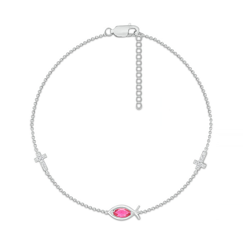 Marquise Lab-Created Ruby and White Lab-Created Sapphire Sideways Ichthus and Cross Anklet in Sterling Silver – 10"|Peoples Jewellers