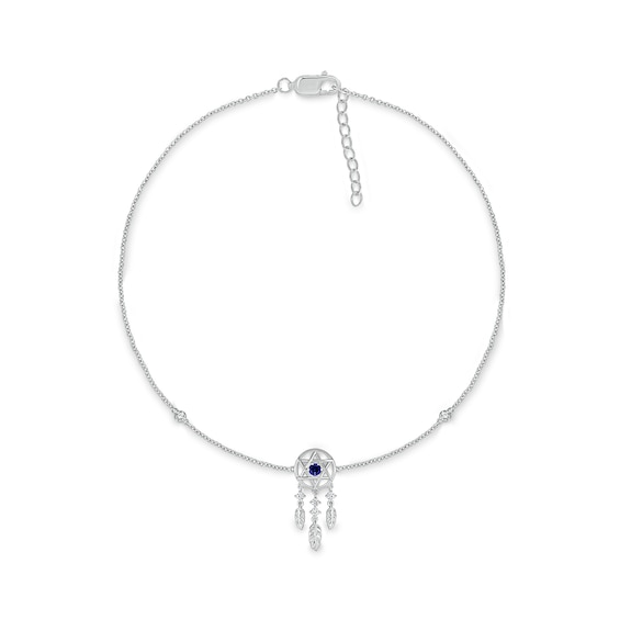 3.0mm Blue and White Lab-Created Sapphire Station Dream Catcher Anklet in Sterling Silver – 10"