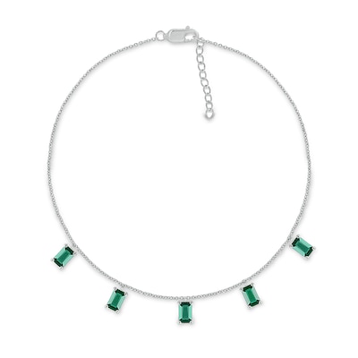 Emerald-Cut Lab-Created Emerald Five Stone Dangle Station Anklet in Sterling Silver – 10"