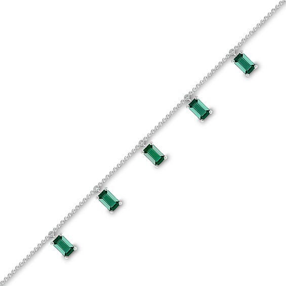 Emerald-Cut Lab-Created Emerald Five Stone Dangle Station Anklet in Sterling Silver – 10"