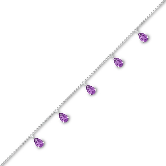 Pear-Shaped Amethyst Five Stone Dangle Station Anklet in Sterling Silver – 10"