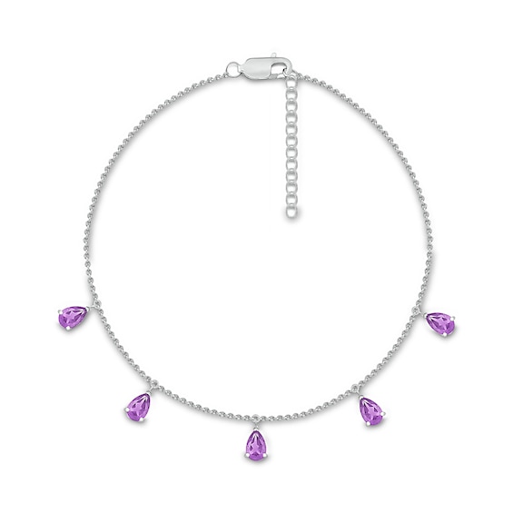 Pear-Shaped Amethyst Five Stone Dangle Station Anklet in Sterling Silver – 10"